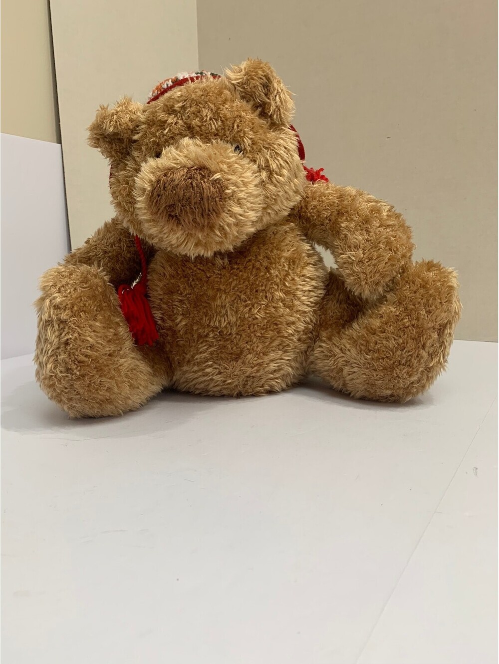 Chosun International Teddy Bear Plush Brown 11” Sitting Knit Winter Hat Tassels